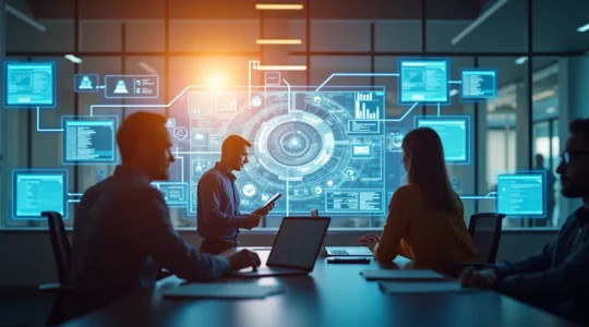 Illustration montrant une application métier intégrée dans un processus d'entreprise avec des utilisateurs collaborant