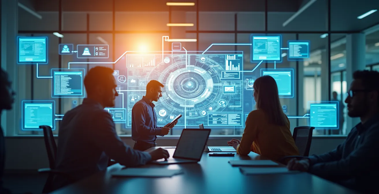 Illustration montrant une application métier intégrée dans un processus d'entreprise avec des utilisateurs collaborant