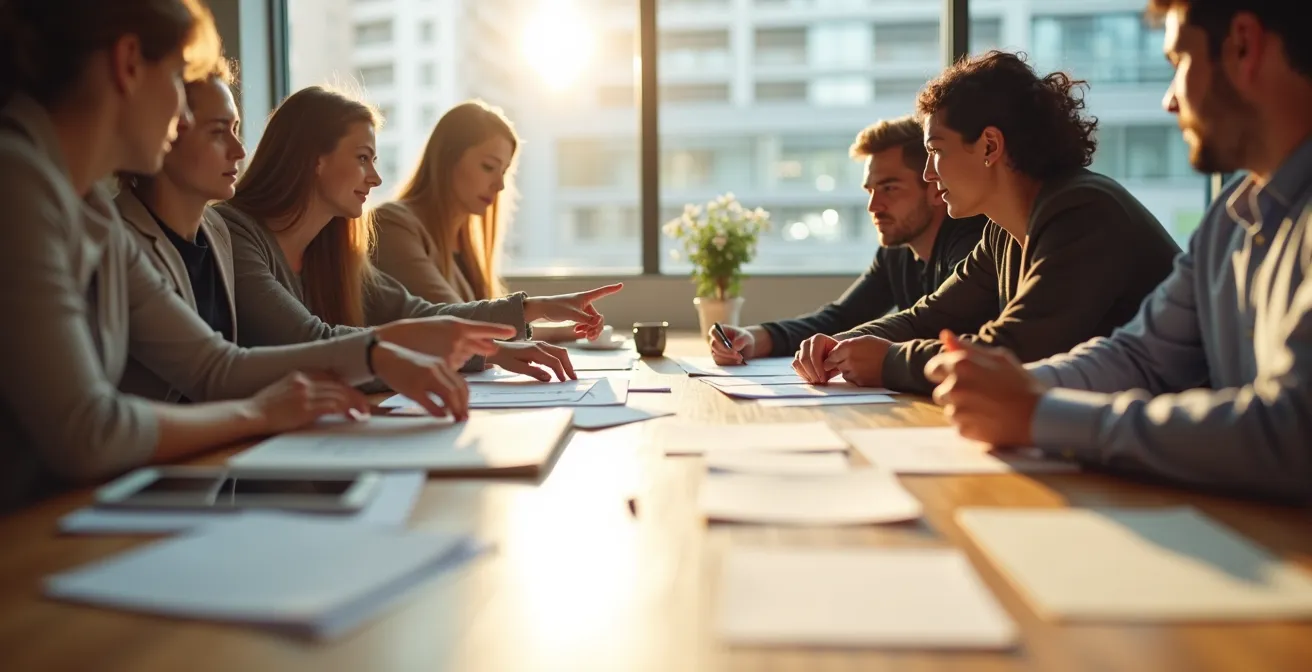 Équipe collaborative travaillant ensemble sur la définition d'un projet informatique