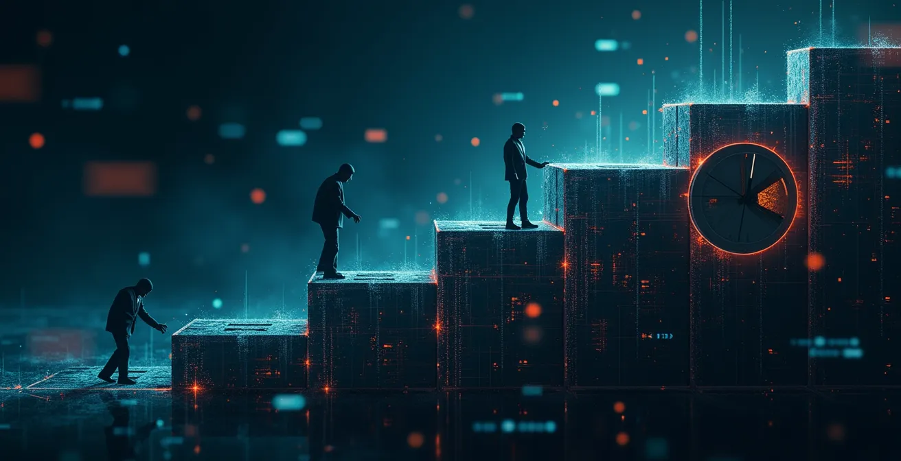 Représentation visuelle des étapes d'une attaque ransomware : reconnaissance réseau, escalade de privilèges, accès aux sauvegardes, déclenchement retardé