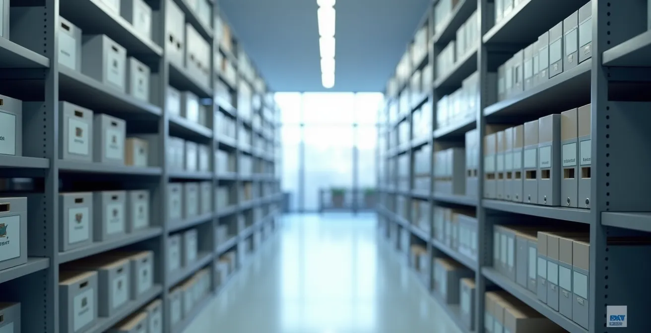 Bibliothèque d'entreprise moderne avec étagères numériques organisées et système de classification