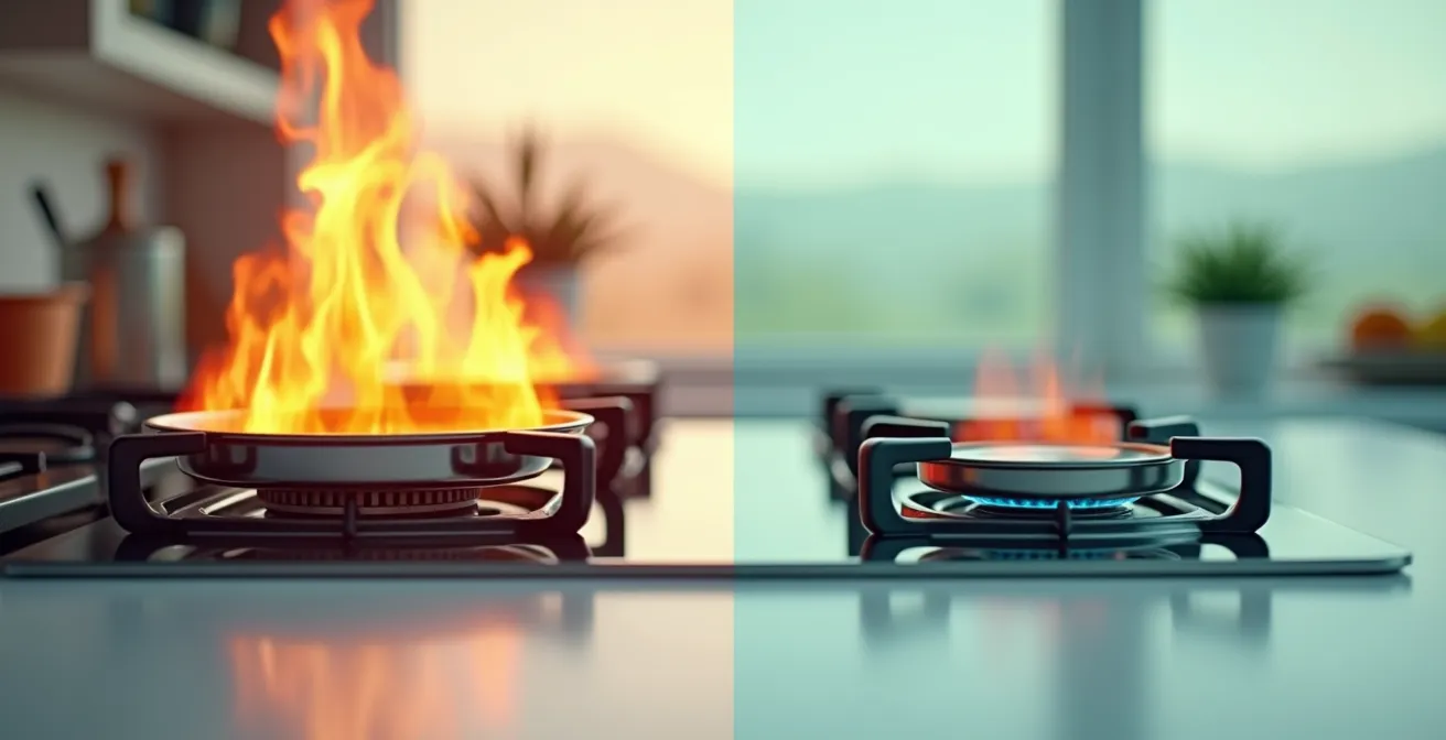 Vue schématique montrant côte à côte un P-core (performance, grand, chaud) et un E-core (efficacité, petit, froid), avec des indicateurs d'autonomie de batterie comparative