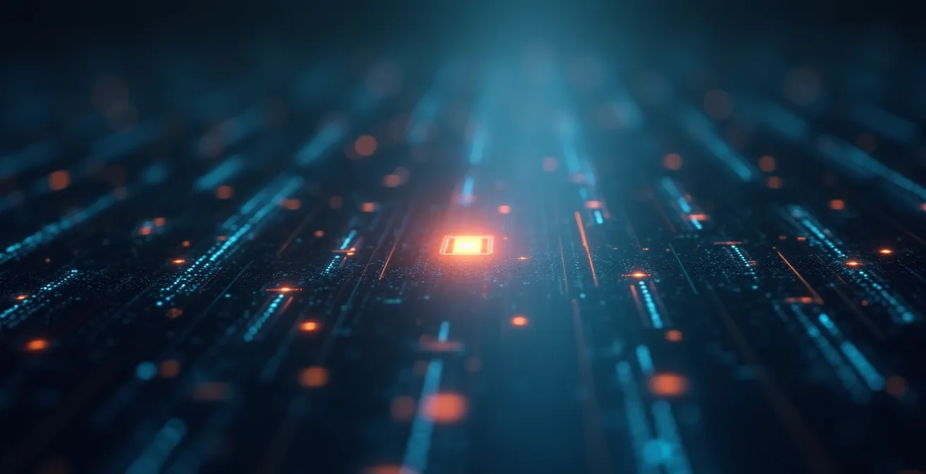 Représentation abstraite d'un processus de corruption de données invisible, données entrelacées se transformant lentement, palette de gris et bleu froid