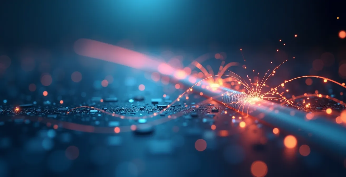 Vue réaliste d'une connexion internet fibre optique symbolisant la latence dans un contexte de jeu vidéo en ligne