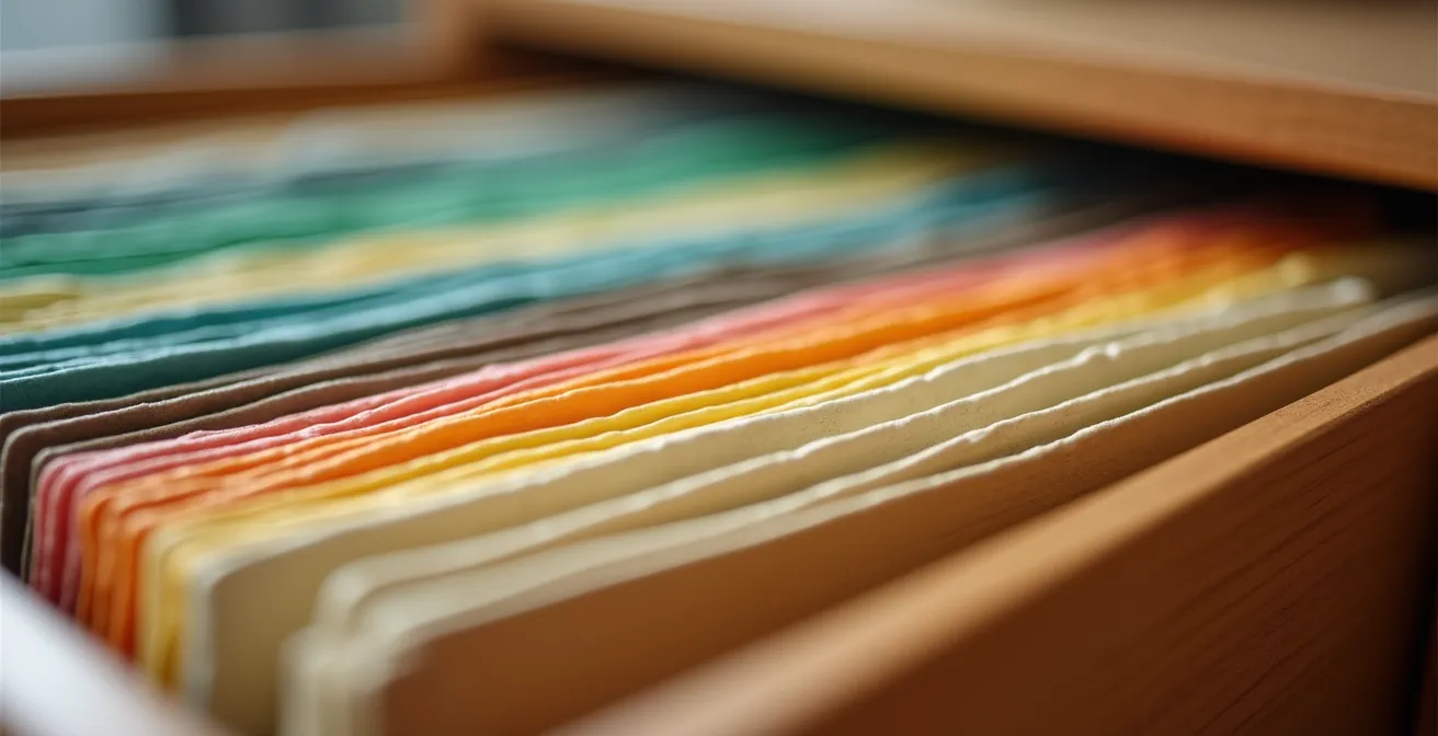 Système de classement organisé avec des fiches et étiquettes structurées symbolisant un nommage de fichiers méthodique.