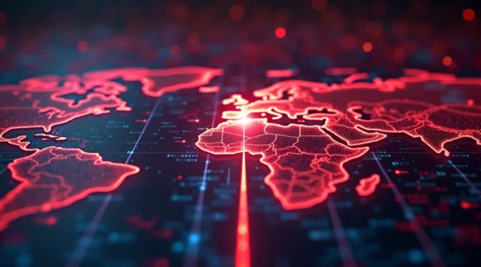 Illustration conceptuelle montrant la fragmentation numérique d'Internet avec des barrières géographiques, des zones d'accès restreint, et des tunnels VPN traversant les restrictions