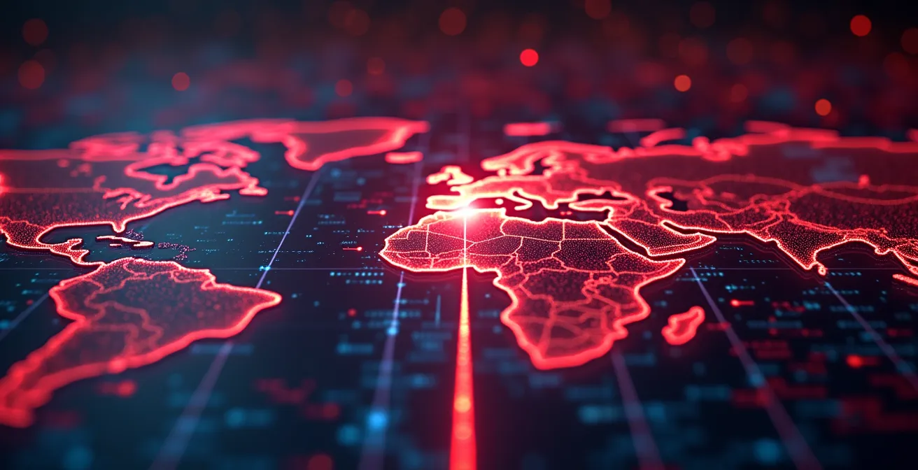 Illustration conceptuelle montrant la fragmentation numérique d'Internet avec des barrières géographiques, des zones d'accès restreint, et des tunnels VPN traversant les restrictions