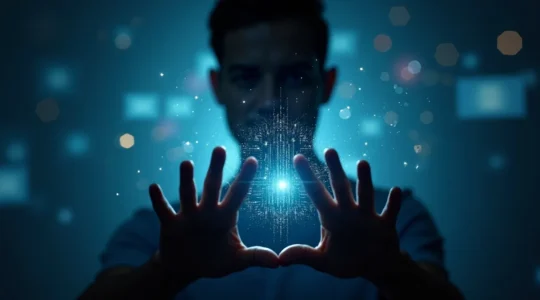 Illustration conceptuelle montrant l'équilibre entre l'identité numérique et le contrôle de la vie privée avec métaphore visuelle d'un écran protégé