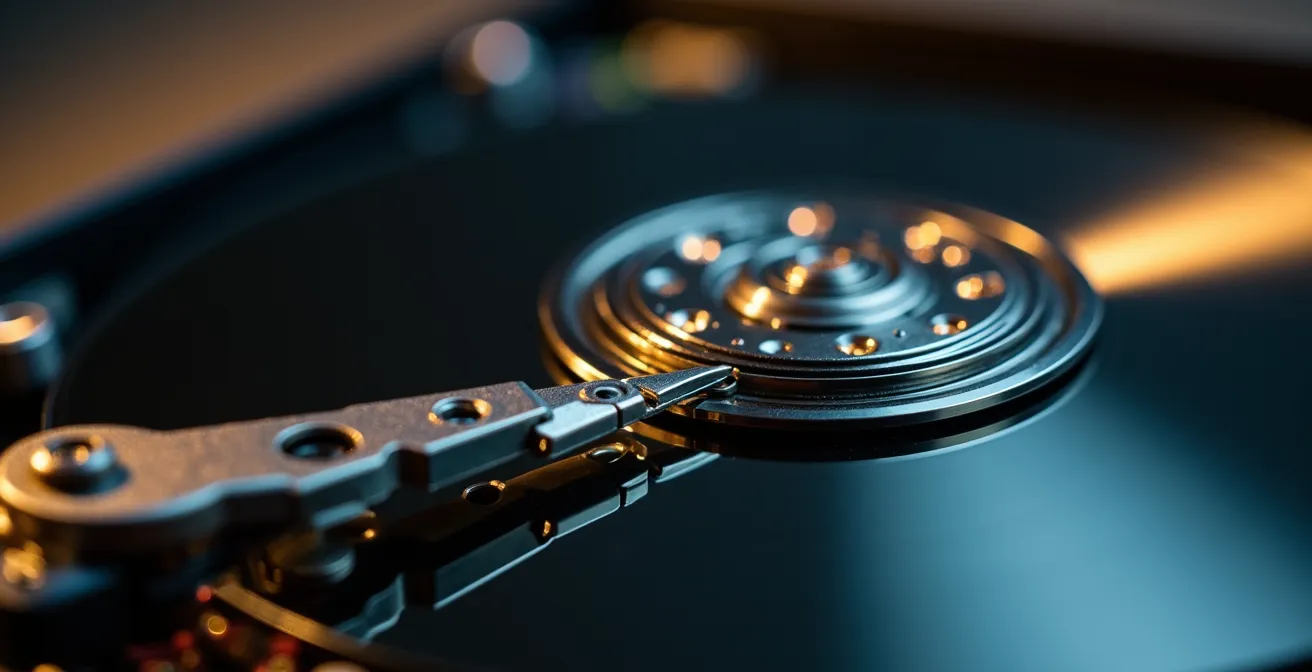 Coupe transversale d'un disque dur montrant les éléments mécaniques fragilisés par les vibrations, contraste avec la robustesse d'un SSD sans pièces mobiles