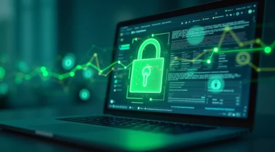 Un navigateur web moderne affichant un cadenas vert et des symboles de sécurité, entouré d'éléments visuels représentant la protection des données et la rapidité de navigation.