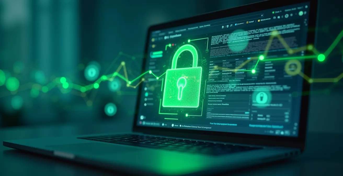 Un navigateur web moderne affichant un cadenas vert et des symboles de sécurité, entouré d'éléments visuels représentant la protection des données et la rapidité de navigation.