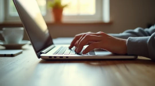 Vue en plongée d'un ordinateur portable moderne sur un bureau épuré avec des mains en train de taper, lumière naturelle de fenêtre, ambiance concentrée et professionnelle