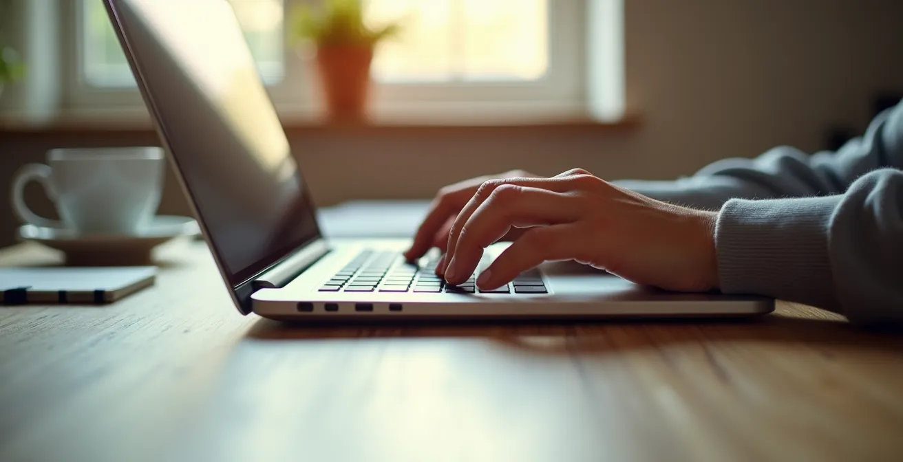 Vue en plongée d'un ordinateur portable moderne sur un bureau épuré avec des mains en train de taper, lumière naturelle de fenêtre, ambiance concentrée et professionnelle
