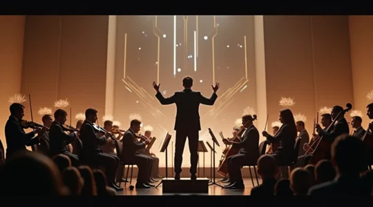 Chef d'orchestre dirigeant les composants d'un ordinateur en symphonie harmonieuse