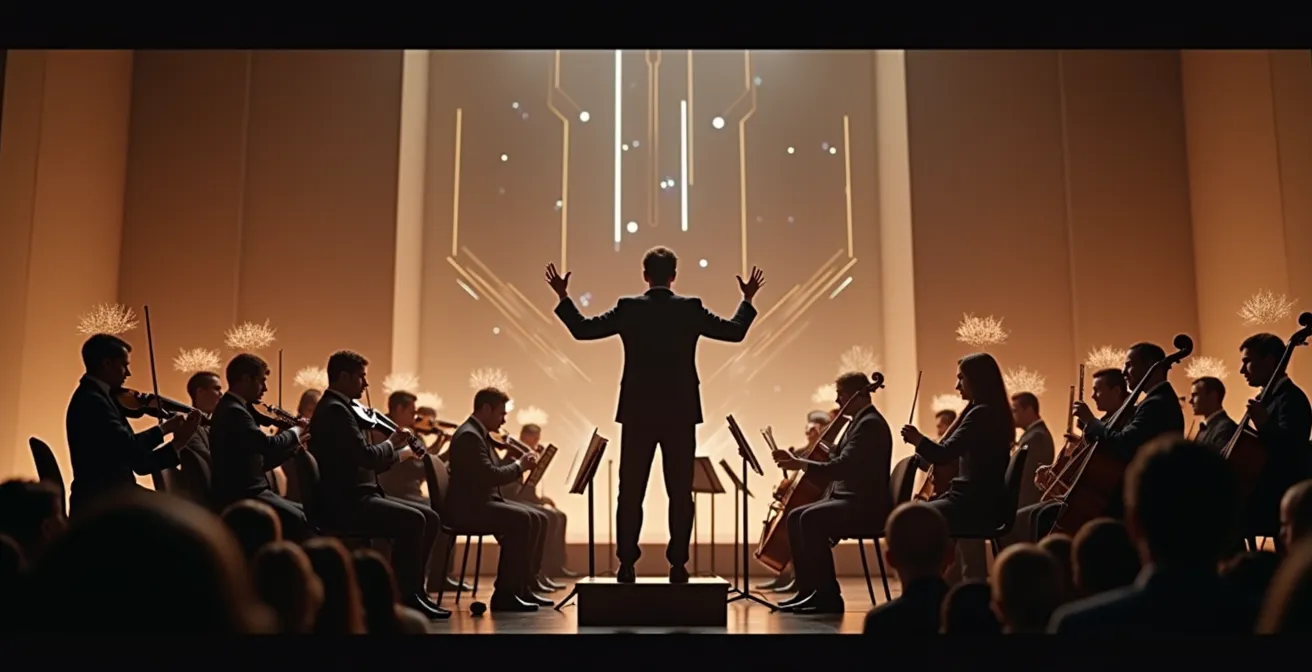 Chef d'orchestre dirigeant les composants d'un ordinateur en symphonie harmonieuse