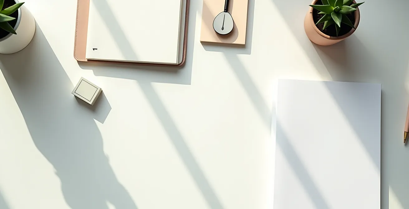 Composition minimaliste montrant un espace de travail épuré avec quelques objets soigneusement disposés selon la règle des tiers, lumière naturelle douce, atmosphère zen et organisée