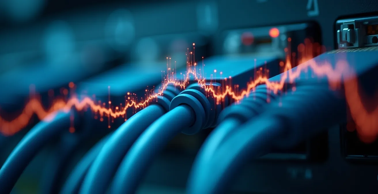 Visualisation graphique stylisée d'un traceroute montrant les sauts réseau et l'augmentation de la latence