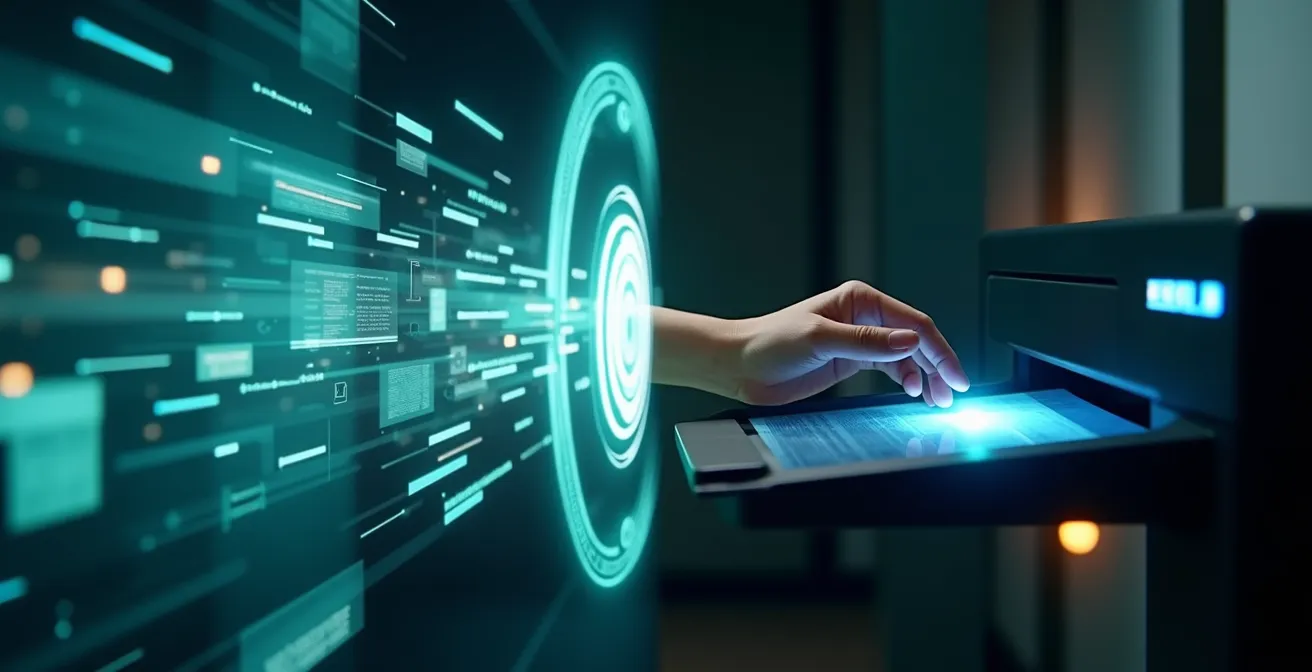 Flux de documents sécurisé via pull printing : impression en attente dans une file virtuelle, authentification au lecteur, libération sécurisée