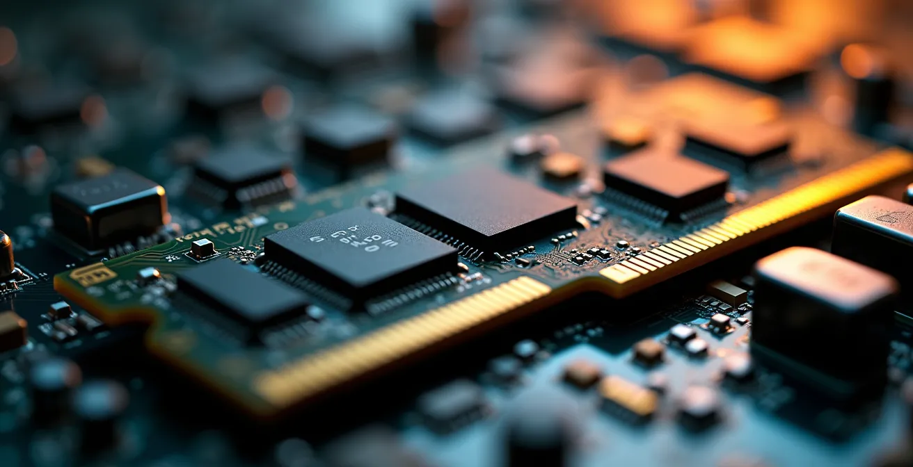 Barrette de mémoire RAM ECC avec circuits de correction en gros plan, murs en arrière-plan flous, très haute définition macro