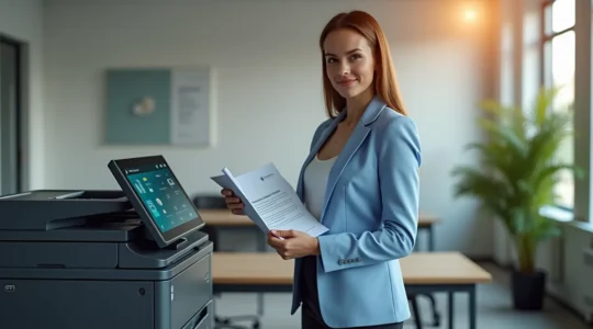 Bureau moderne avec imprimante multifonction sécurisée, documents confidentiels protégés, et employé utilisant badge pour imprimer