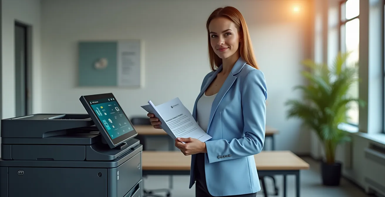 Bureau moderne avec imprimante multifonction sécurisée, documents confidentiels protégés, et employé utilisant badge pour imprimer