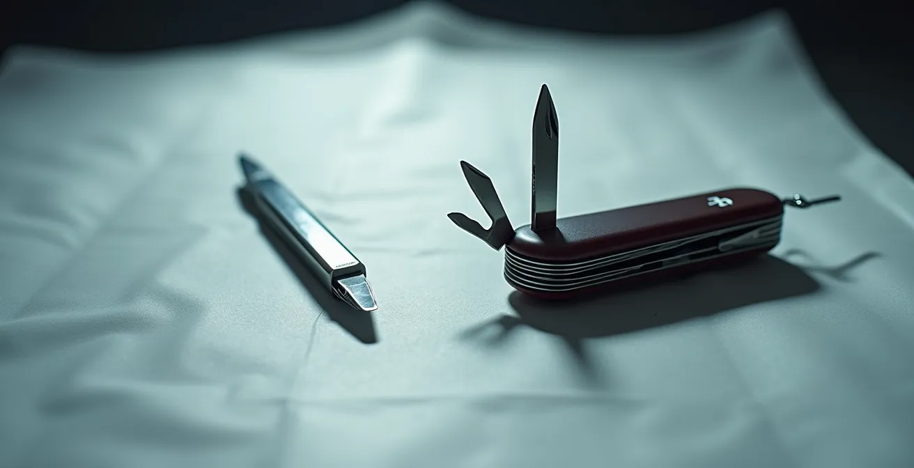 Représentation visuelle du contrast entre un scalpel chirurgical précis et un couteau suisse multifonction, symbolisant la différence entre un logiciel spécialisé et un outil générique.