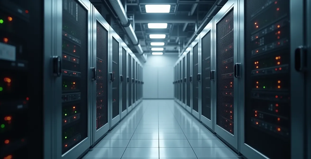 Photographie éditoriale montrant des couches concentriques de sécurité autour d'un serveur, avec des éléments visuels de protection et de contrôle dans un environnement de data center.