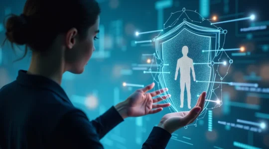 Représentation conceptuelle d'une forteresse numérique moderne symbolisant la protection des données et la souveraineté identitaire en ligne