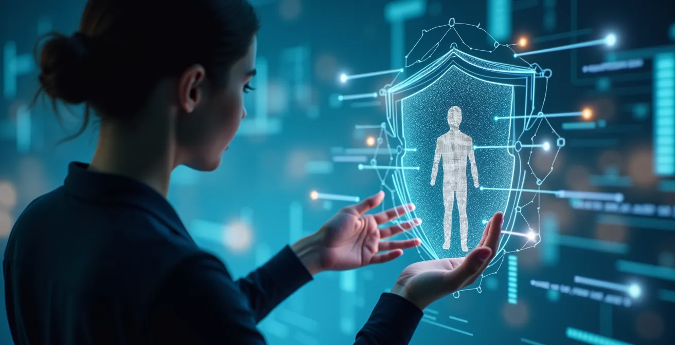 Représentation conceptuelle d'une forteresse numérique moderne symbolisant la protection des données et la souveraineté identitaire en ligne