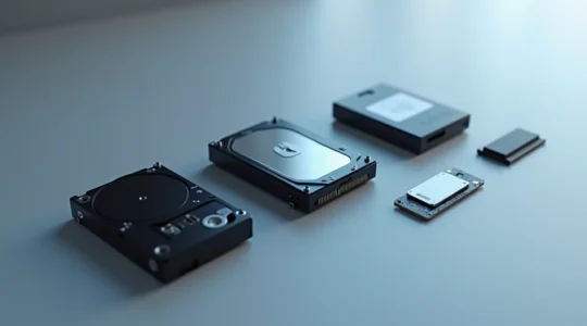 Comparaison visuelle des trois technologies de stockage : HDD, SSD SATA et NVMe, montrant les différences de forme, de vitesse et de utilisation