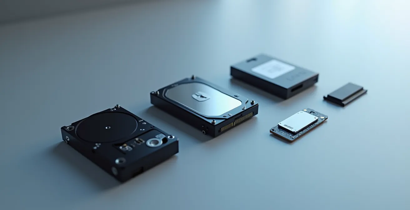 Comparaison visuelle des trois technologies de stockage : HDD, SSD SATA et NVMe, montrant les différences de forme, de vitesse et de utilisation
