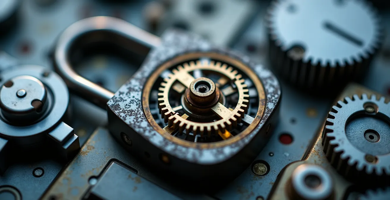 Vue macro détaillée d'une serrure numérique complexe avec mécanismes de cryptage visibles
