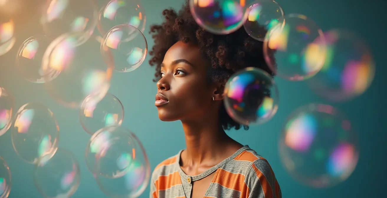 Personne entourée de bulles transparentes montrant différentes perspectives informationnelles