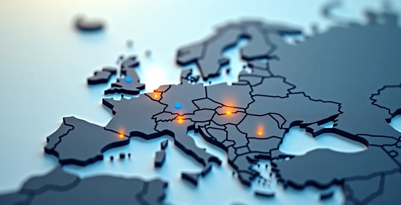 Carte stylisée de l'Europe avec points lumineux représentant les datacenters souverains