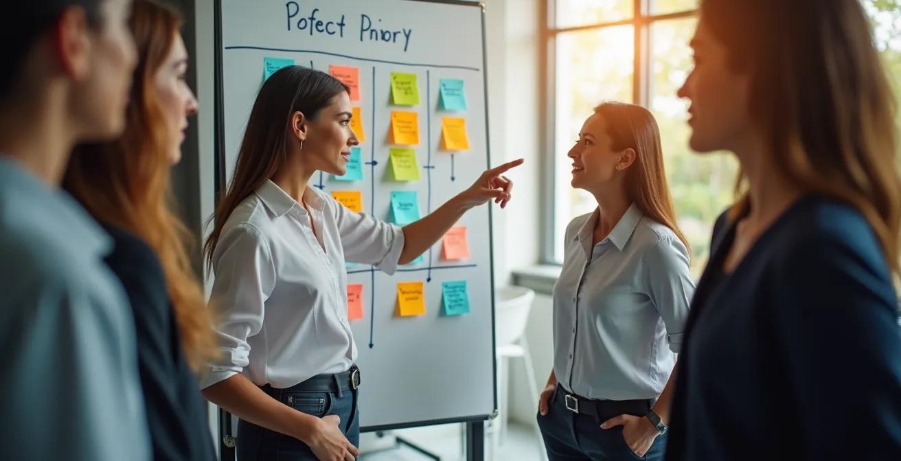 Représentation visuelle d'un bureau avec des post-its colorés sur un tableau blanc montrant la hiérarchisation des activités critiques d'une entreprise.