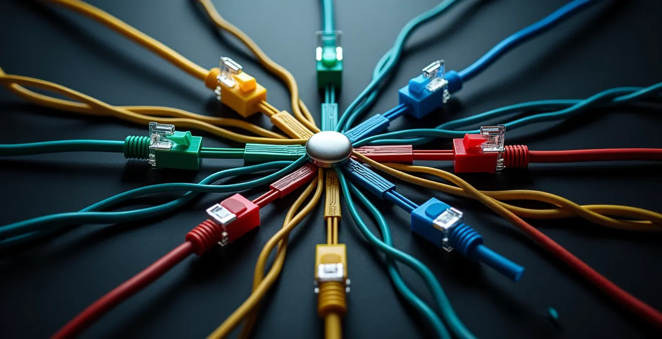 Vue aérienne d'un réseau complexe de connexions représentant les dépendances entre systèmes