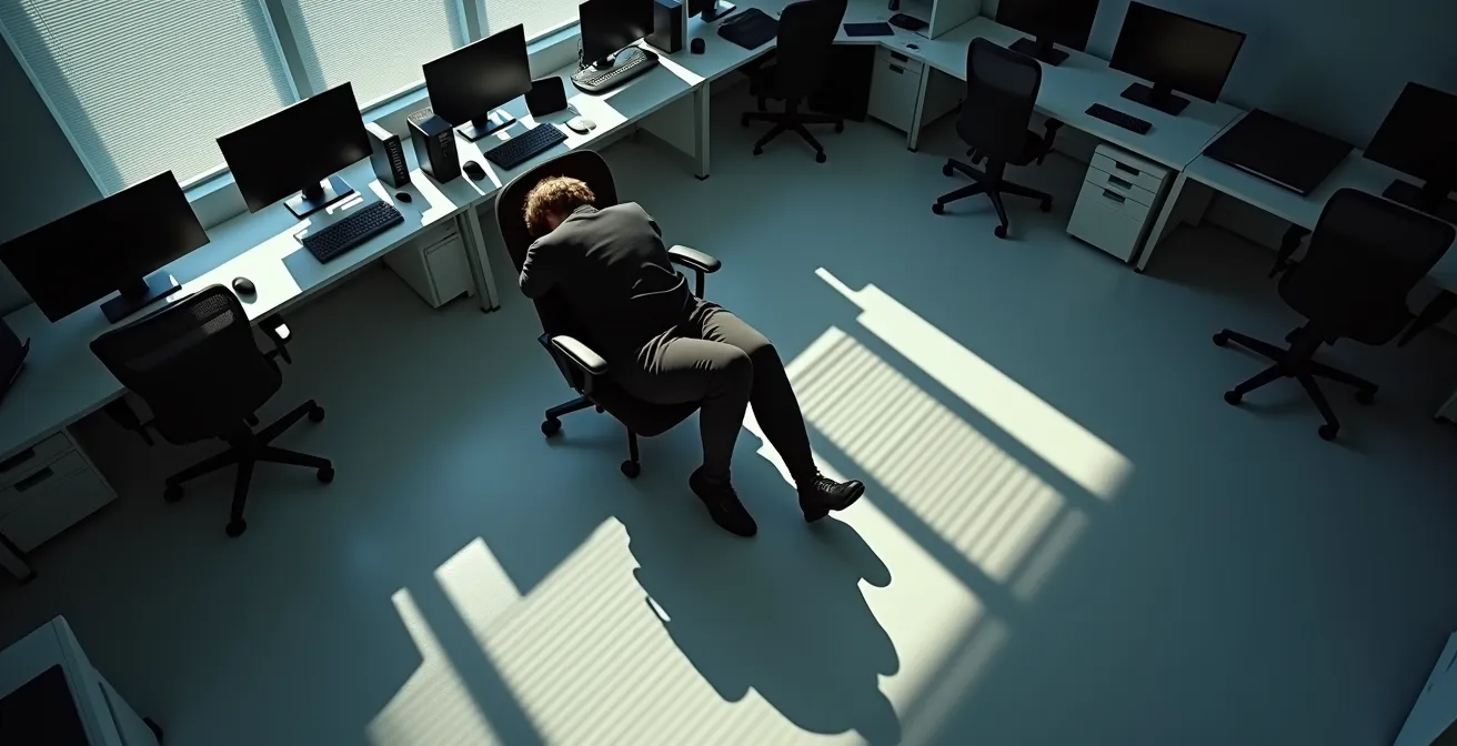 Vue en plongée d'une personne assise devant plusieurs écrans éteints avec des ombres symbolisant la surcharge d'information