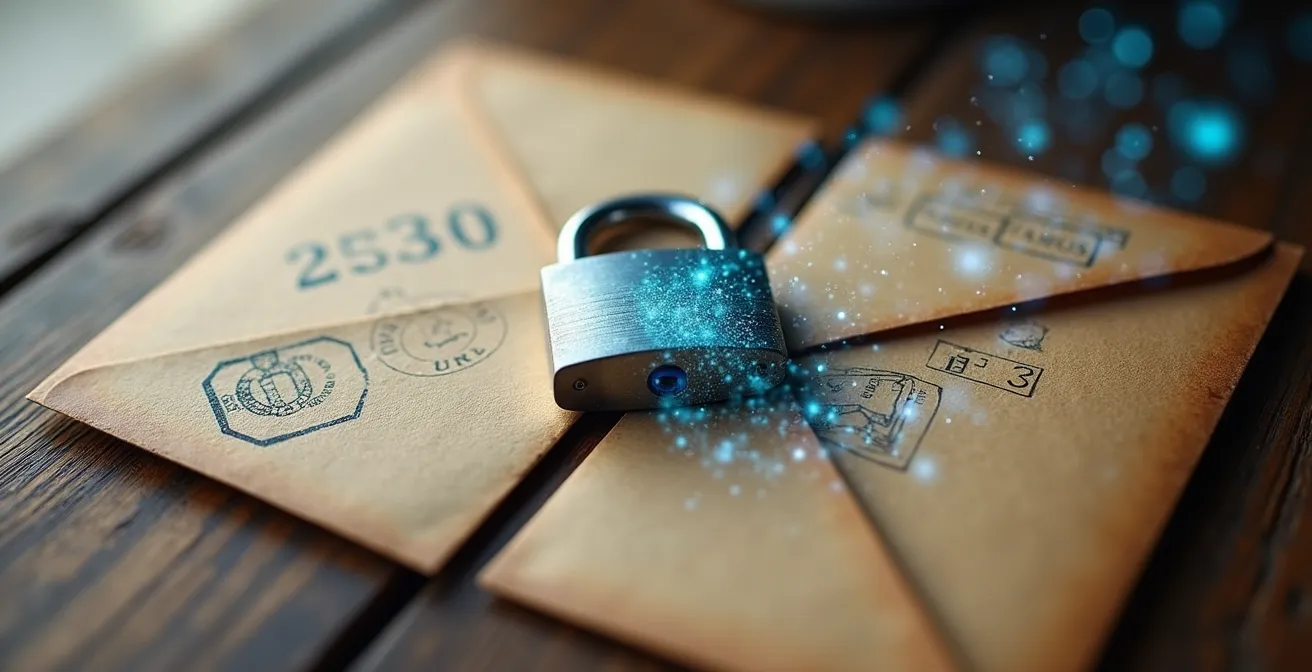 Comparaison visuelle entre une carte postale lisible et une lettre scellée avec un cadenas numérique