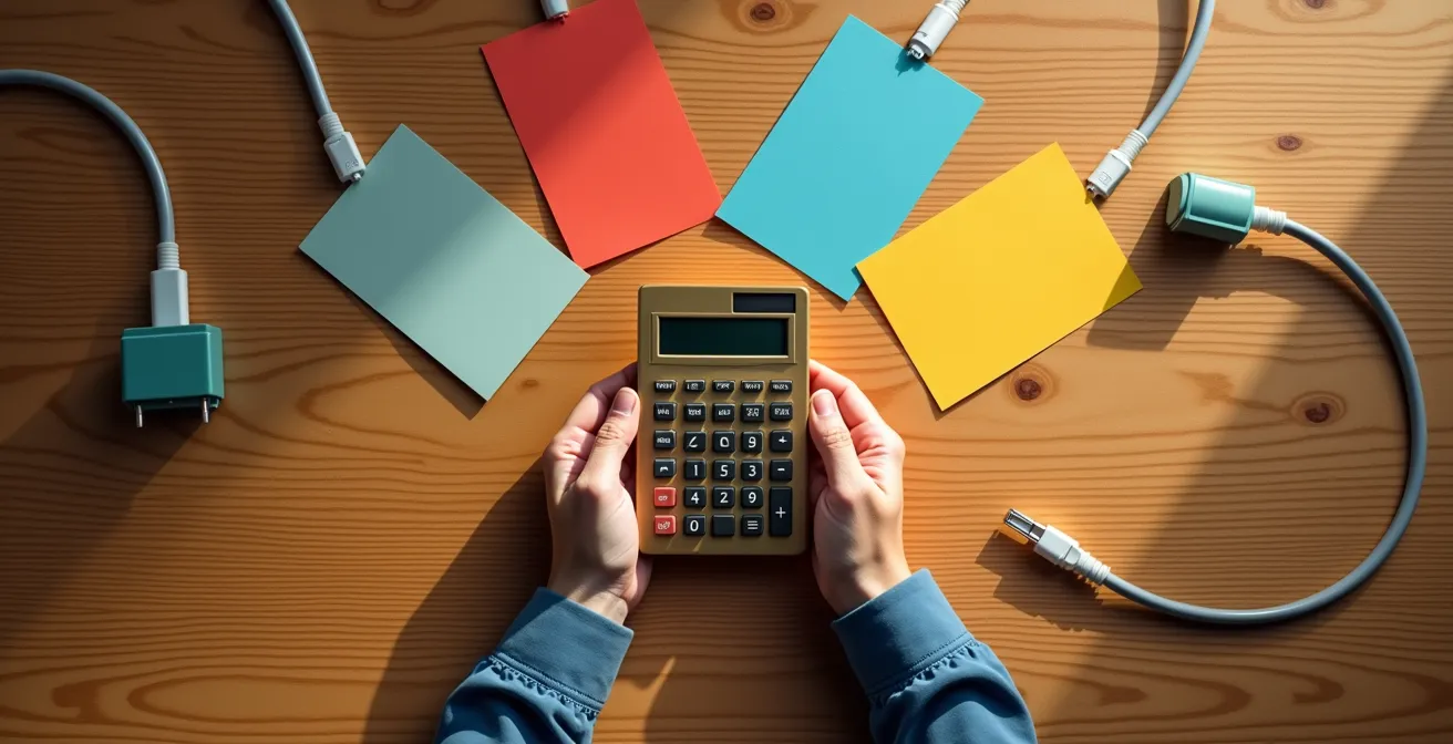 Personne calculant le coût total d'un abonnement Internet avec documents et calculatrice