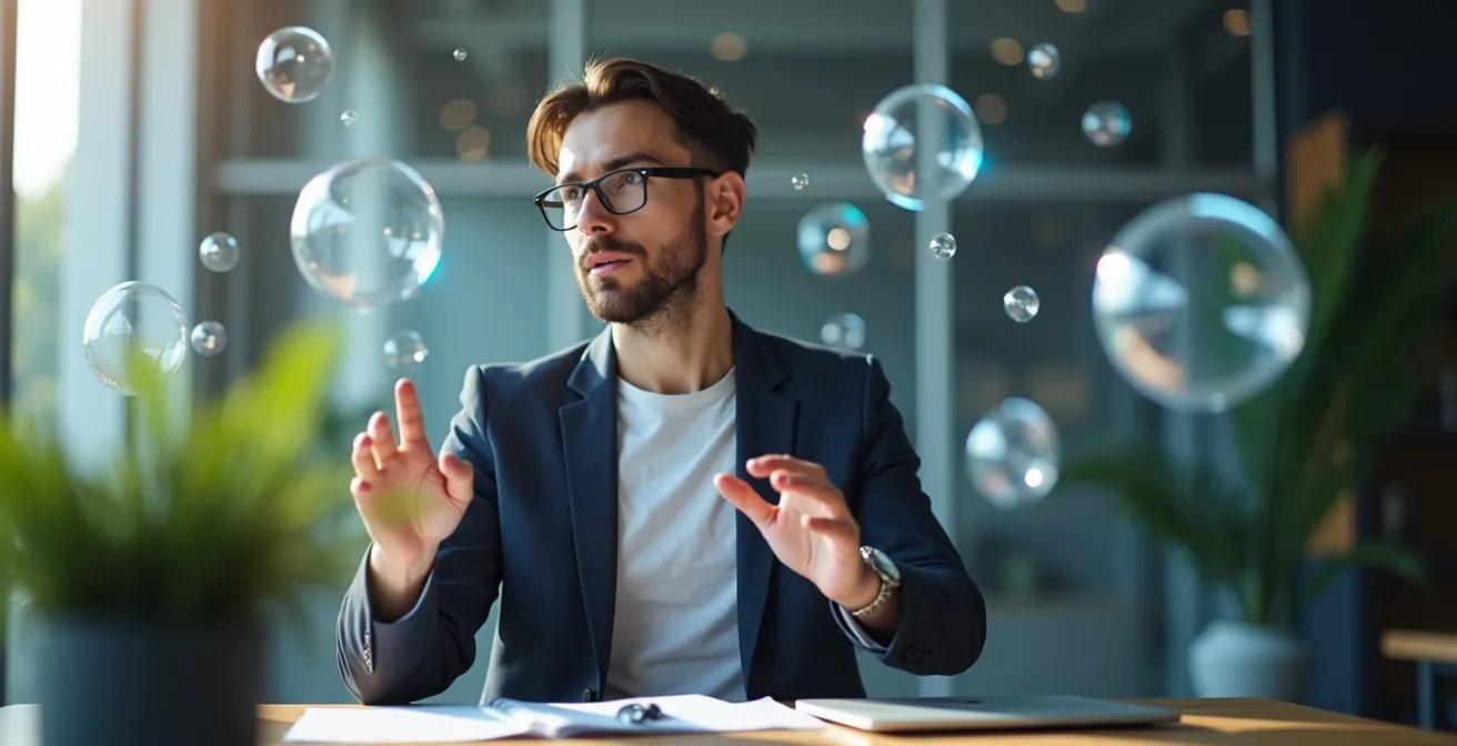 Professionnel gérant simultanément plusieurs présences numériques dans un environnement de bureau moderne