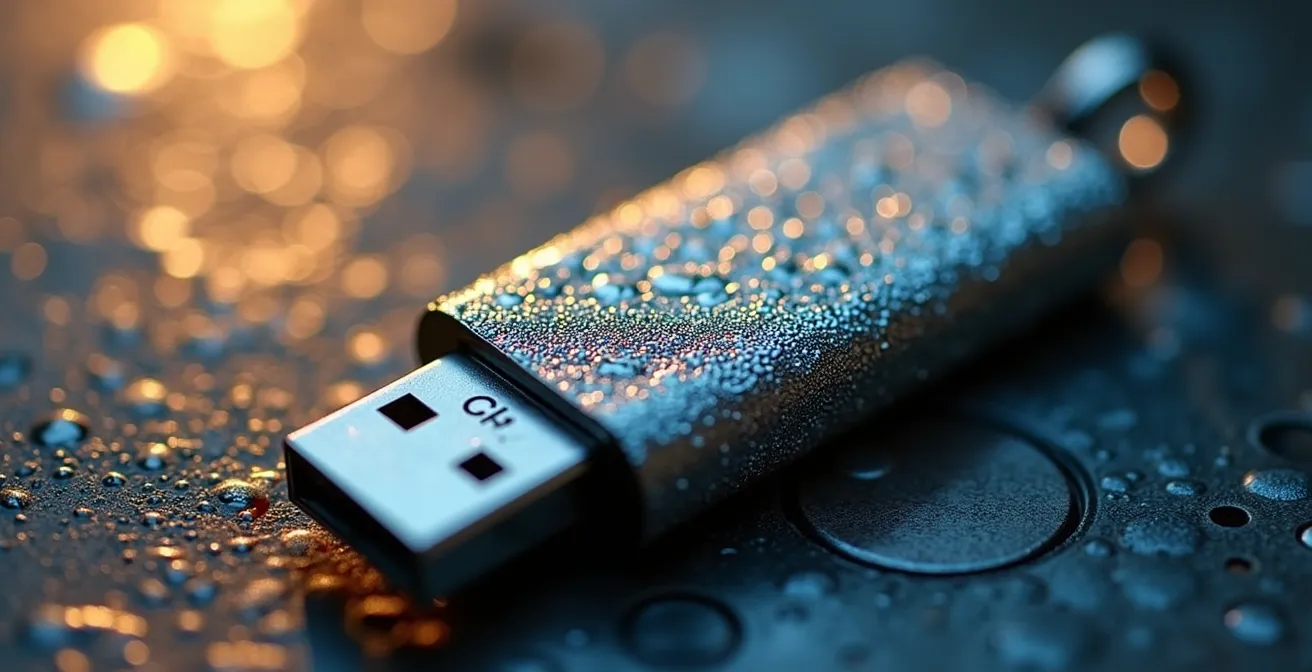 Vue macro d'une clé USB avec reflets métalliques suggérant la sécurité