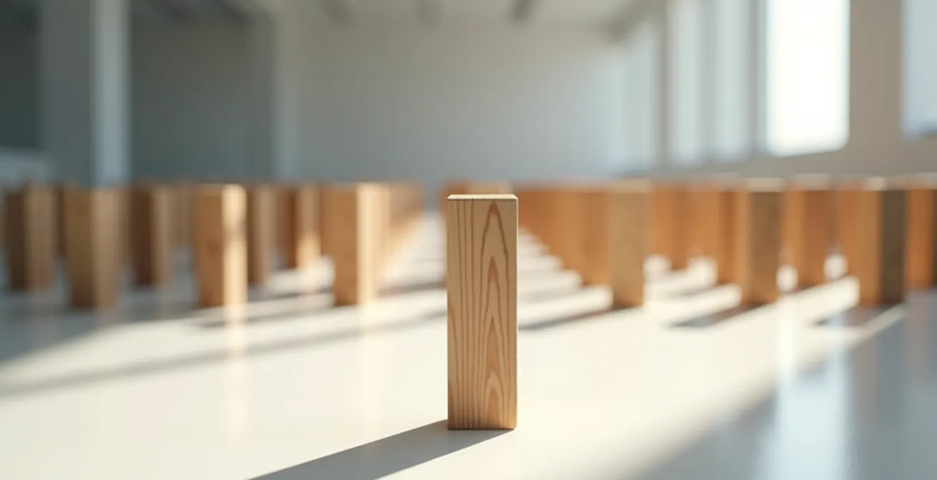 Cascade de dominos tombant en chaîne illustrant l'effet de propagation d'une fuite de données