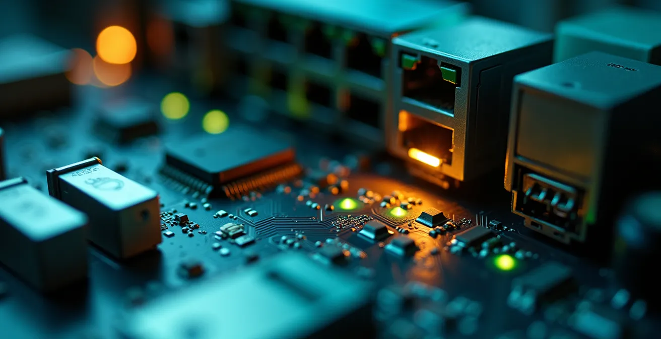 Gros plan macro sur des composants serveur avec indicateurs de sécurité lumineux