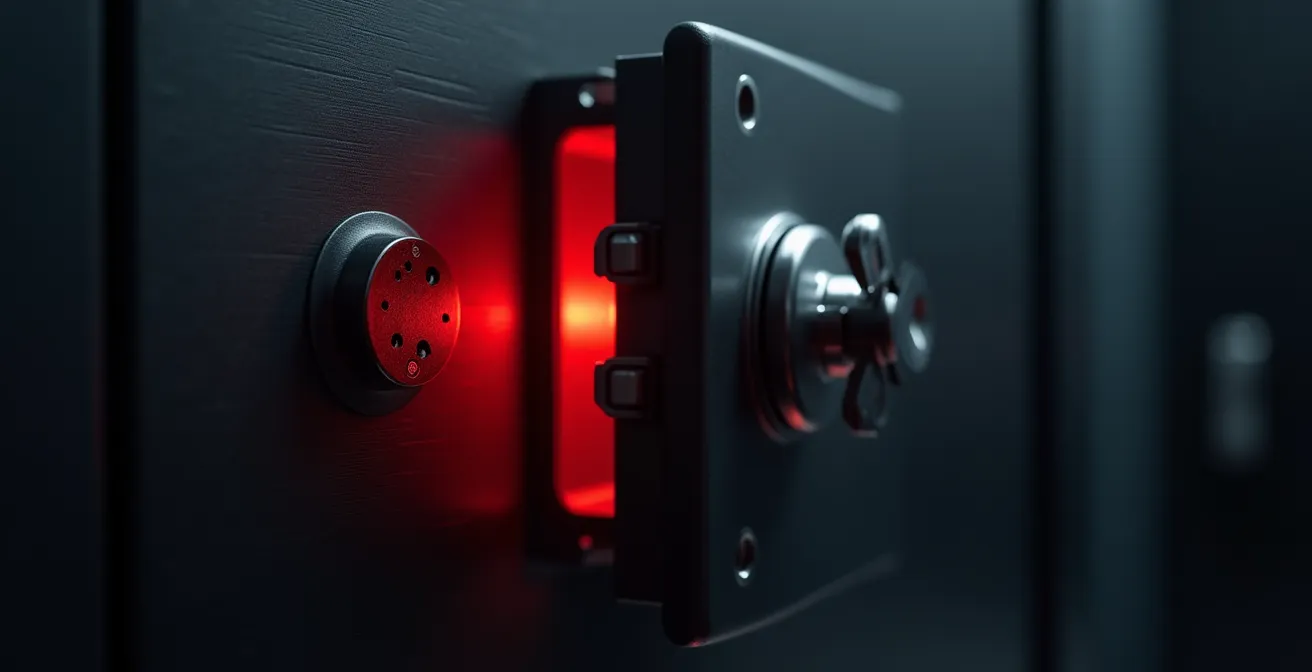 Un coffre-fort moderne entrouvert avec une lueur rouge émanant de l'intérieur, métaphore d'une vulnérabilité zero-day non détectée