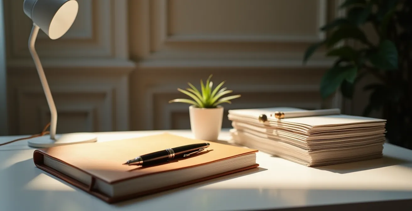 Bureau français épuré illustrant le concept d'inbox zero avec des éléments visuels métaphoriques