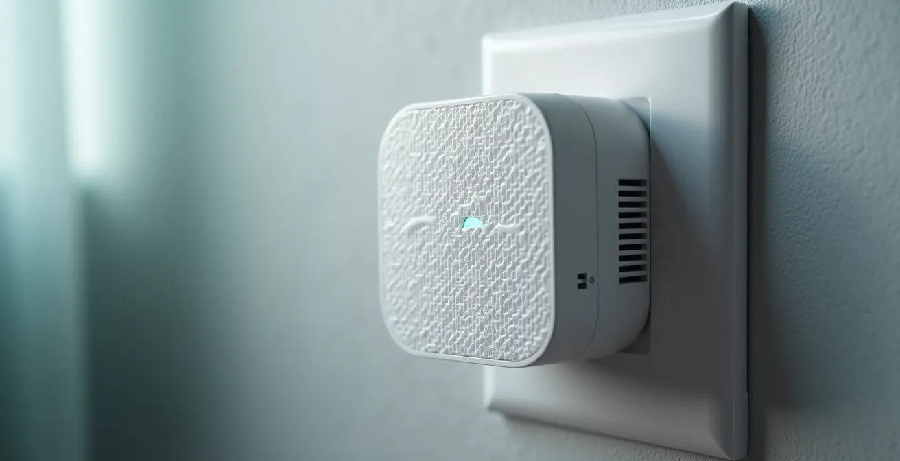 Vue en coupe d'une maison à deux étages montrant l'installation stratégique de répéteurs wifi pour une couverture optimale