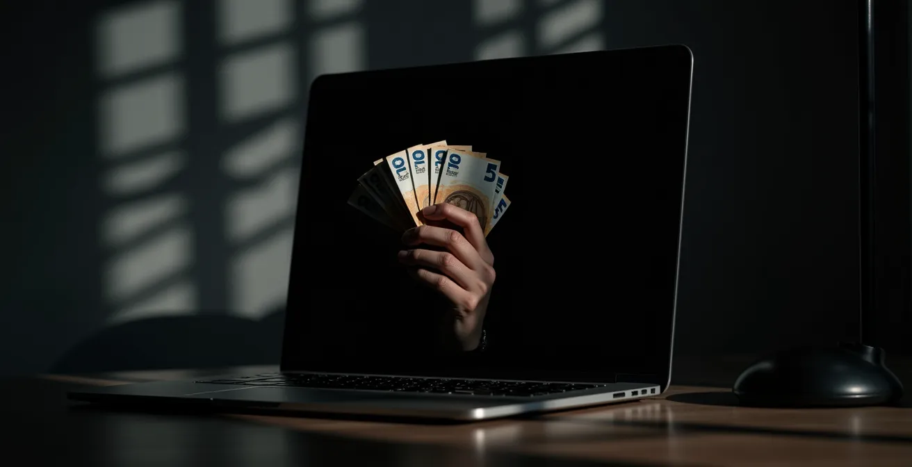 Reflet d'une main tenant des billets dans un écran éteint d'ordinateur portable