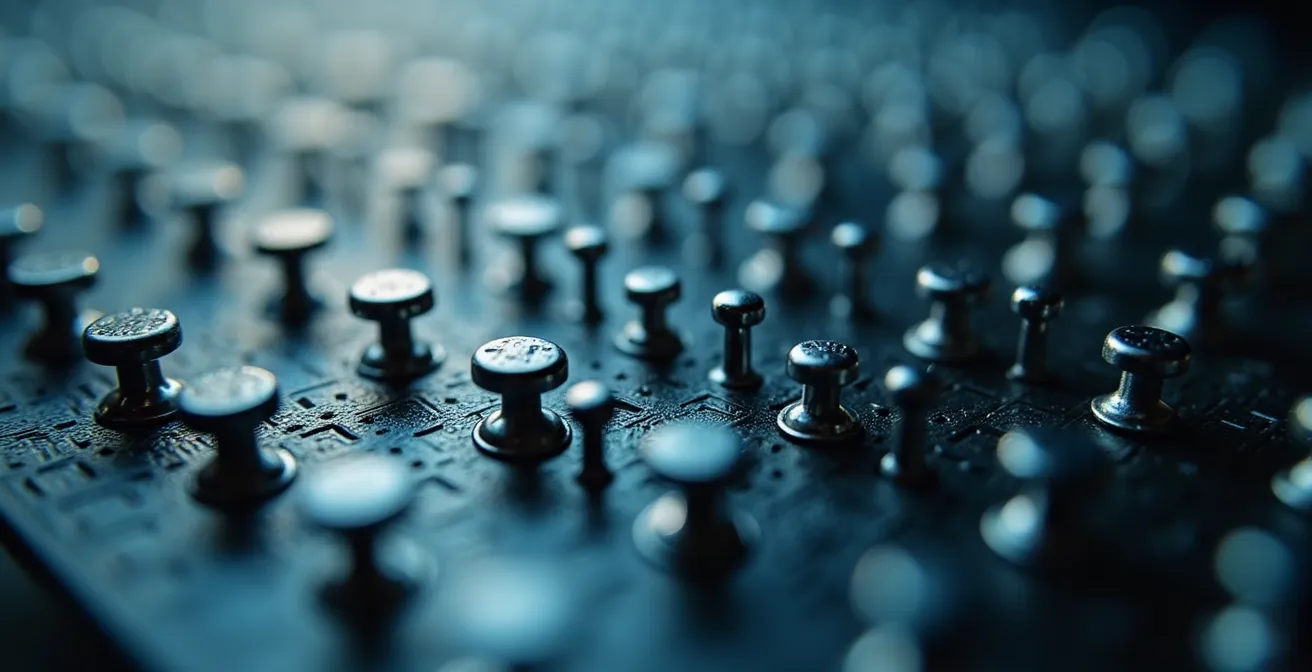 Vue macro détaillée d'une grille matricielle avec différentes intensités de couleur représentant les niveaux d'accès