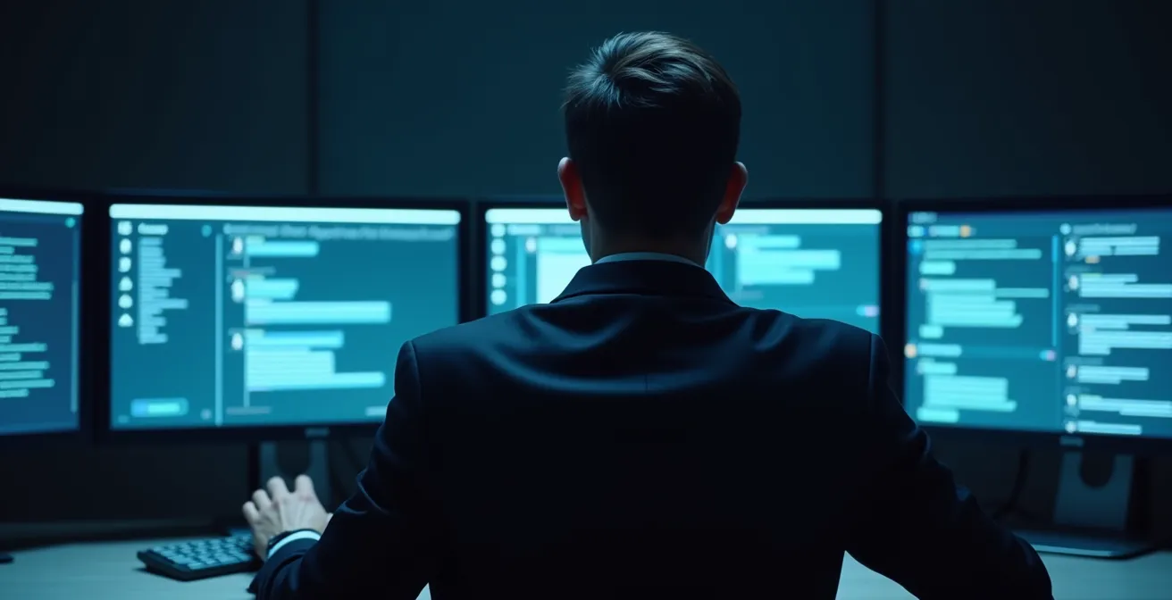 Personne de dos face à plusieurs écrans montrant des interfaces de chat chiffrées dans une salle sombre