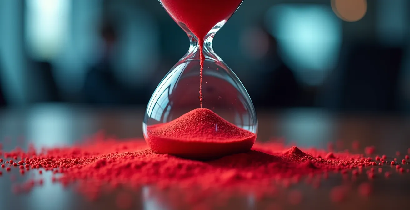 Sablier moderne avec sable rouge s'écoulant rapidement symbolisant le délai de 72 heures